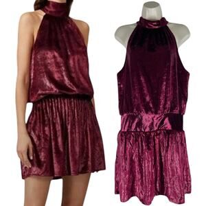 Ramy Brook Ellin Velvet Halter Neck Blouson Mini Dress Deep Red Size L